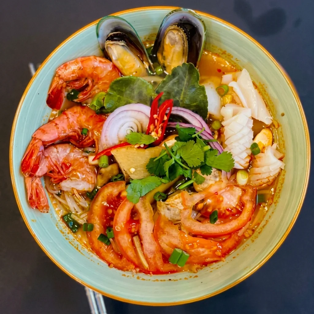 Tom yum jombo noodle soup with seafood, lemongrass and lime at Tom Yum Thai on Sherbrook Street, Winnipeg